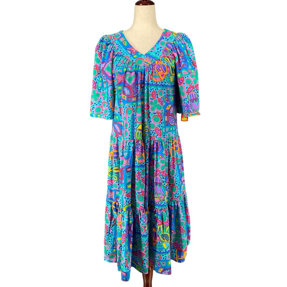 Vtg 80s 90s Two Potato Maximalist‎ Artsy Midi Tiered Muumuu Dress XS Cotton NOS
